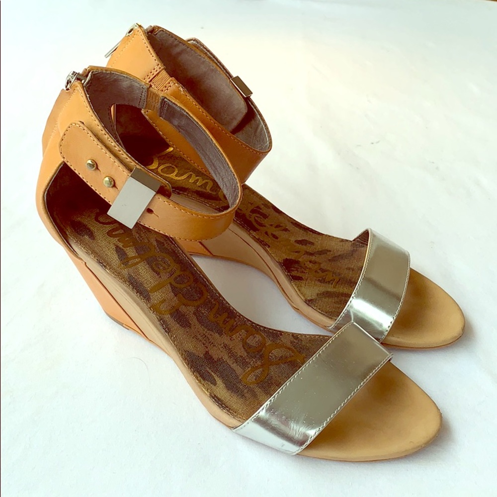 Peach and silver ankle strap wedges